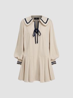 Cider - Corduroy Collar Contrasting Binding Knotted Pleated Mini Dress