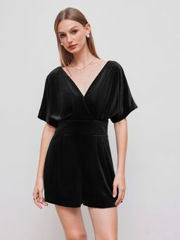 Cider - Velvet V-neck Solid Pocket Pleated Romper