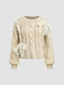 Cider - Cable Knit Round Neckline Lace Up Sweater