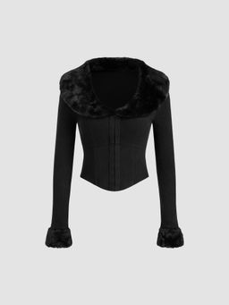 Cider - Faux-Fur Collar Solid Long Sleeve Top