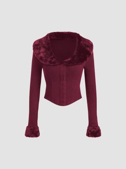 Cider - Faux-Fur Collar Solid Long Sleeve Top