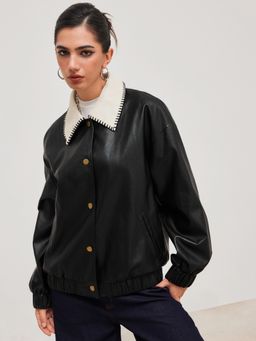 Cider - Faux Leather Collar Contrasting Binding Pocket Bomber