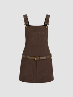 Cider - Corduroy Square Neck Solid Pocket Buckle Mini Dress With Belt