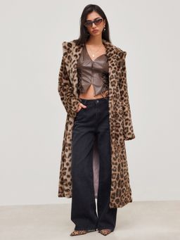 Cider - Faux Fur Collar Leopard Pocket Long Coat