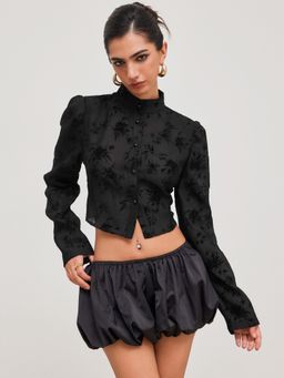 Cider - Woven Collar Solid Floral Button Long Sleeve Crop Blouse