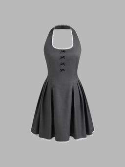 Cider - Halter Neckline Solid Bowknot Lace Trim Ruffle Mini Dress