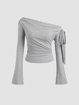 Cider - Off-shoulder Solid Knotted Ruched Long Bell Sleeve Top