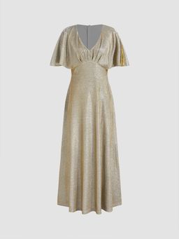 Cider - Metallic V-neck Ruffle Hem Maxi Dress