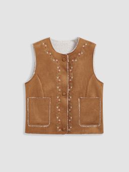 Cider - Suede Scoop Neckline Floral Pocket Jacket Vest