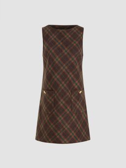 Cider - Wool-look Boat Neck Tartan Pocket Mini Dress