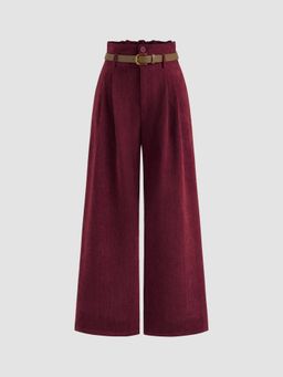 Cider - Corduroy High Rise Solid Pleated Wide Leg Trousers With Belt