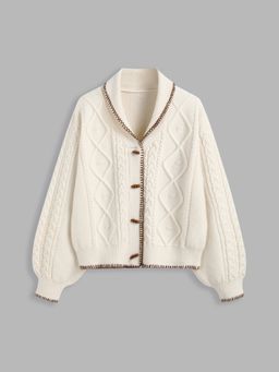 Cider - Cable Knit Collar Solid Contrasting Binding Toggle Button Cardigan