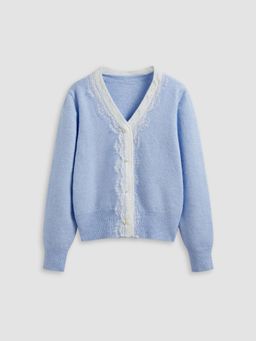 Cider - Knit V-neck Lace Trim Cardigan