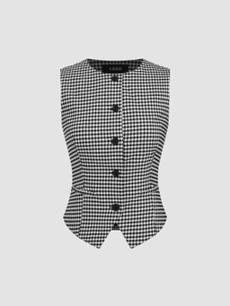 Cider - Round Neckline Gingham Button Jacket Vest