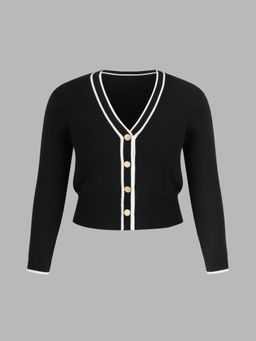 Cider - Knit V-neck Solid Contrasting Binding Button Cardigan Curve & Plus