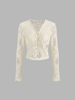 Cider - Cotton-blend Crochet V-neck Hollow Out Long Sleeve Crop Top