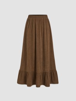 Cider - Corduroy Mid Rise Solid Elastic Waist Lace Trim Ruffle Maxi Skirt
