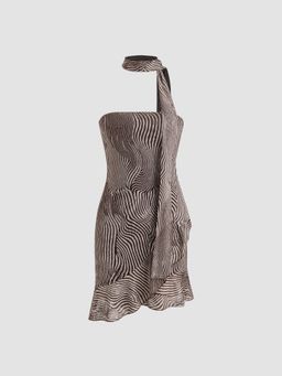Cider - Zebra Stripe Ruffle Mini Dress With Scarf