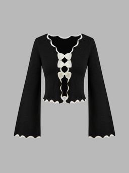 Cider - Knit V-neck Lettuce Trim Bowknot Long Sleeve Crop Top