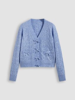 Cider - Cable Knit Wool-blend V-neck Bowknot Cardigan