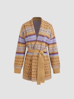 Cider - Knit V-neck Geometric Oversized Cardigan With Belt