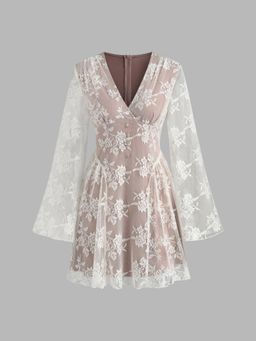 Cider - Lace V-neck Floral Button Long Sleeve Mini Dress