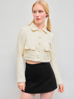 Cider - Tweed Collar Solid Button Pocket Crop Jacket