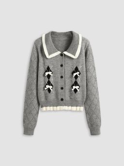 Cider - Knit Collar Geometric Bowknot Cardigan