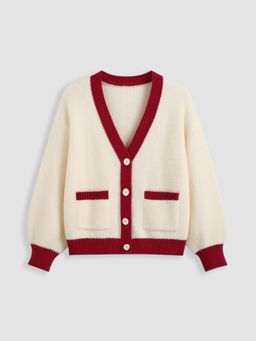 Cider - Knit V-neck Solid Button Contrasting Binding Cardigan Curve & Plus