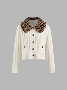 Cider - Cable Knit Oversized Cardigan With Leopard Faux Fur Collar