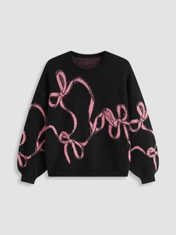 Cider - Knit Round Neckline Bowknot Graphic Long Sleeve Oversized Sweater Curve & Plus