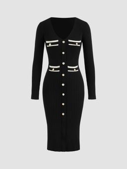 Cider - Knit V-neck Button Up Midi Dress