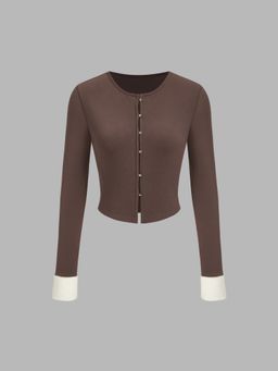 Cider - Round Neckline Solid Button Long Sleeve Crop Top