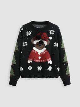 Cider - Knit Round Neckline Bear Christmas Tree Long Sleeve Top Curve & Plus