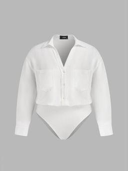 Cider - V-neck Solid Pocket Button Shirt Bodysuit Curve & Plus