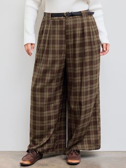 Cider - Mid Rise Check Pocket Wide Leg Trousers With Belt Curve & Plus