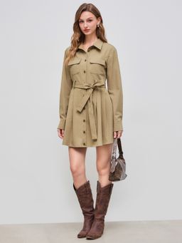 Cider - 100% Cotton Collar Solid Pocket Button Long Sleeve Mini Dress With Belt