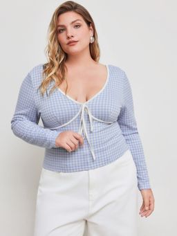 Cider - V-neck Gingham Knotted Long Sleeve Top Curve & Plus