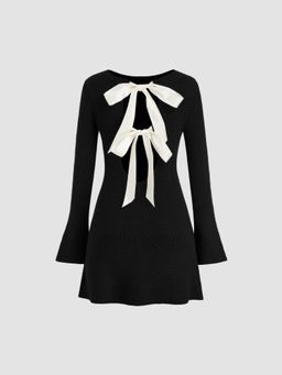 Cider - Knit Boat Neck Tie Back Bowknot Backless Mini Dress