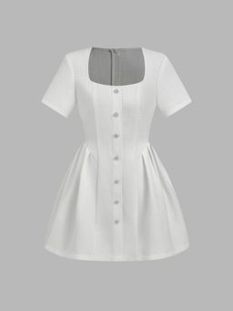 Cider - Tweed Square Neck Solid Pearl Button Pleated Short Sleeve Mini Dress