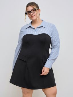 Cider - Collar Striped Button Two Tone Mini Dress Curve & Plus