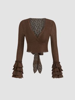 Cider - Lace V-neck Tie Back Layered Sleeve Top