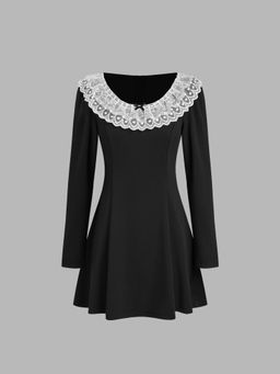 Cider - Round Neckline Solid Lace Bowknot Mini Dress