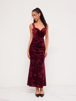 Cider - Velvet Sweetheart Neckline Floral Ruched Mermaid Maxi Dress