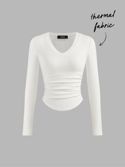 Cider - Thermal Cotton-blend V-neck Solid Ruched Long Sleeve Tee