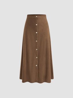Cider - Corduroy Mid Rise Solid Button Ruffle Midi Skirt
