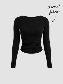 Cider - Thermal Cotton-blend Boat Neck Solid Ruched Long Sleeve Tee