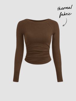 Cider - Thermal Cotton-blend Boat Neck Solid Ruched Long Sleeve Tee