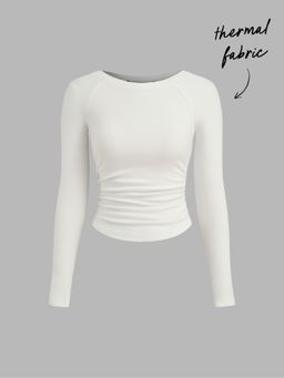 Cider - Thermal Cotton-blend Boat Neck Solid Ruched Long Sleeve Tee