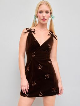 Cider - Velvet V-neck Sequin Bowknot Mini Dress